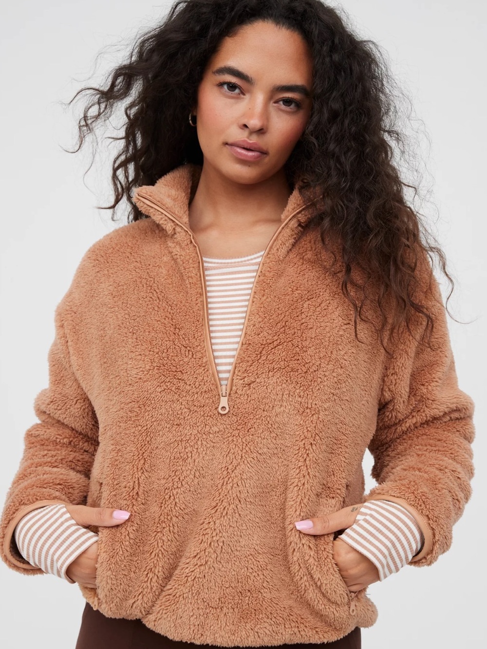OFFLINE By Aerie Fluffy Sherpa Quarter Zip Sweatshirt Camel Size Small